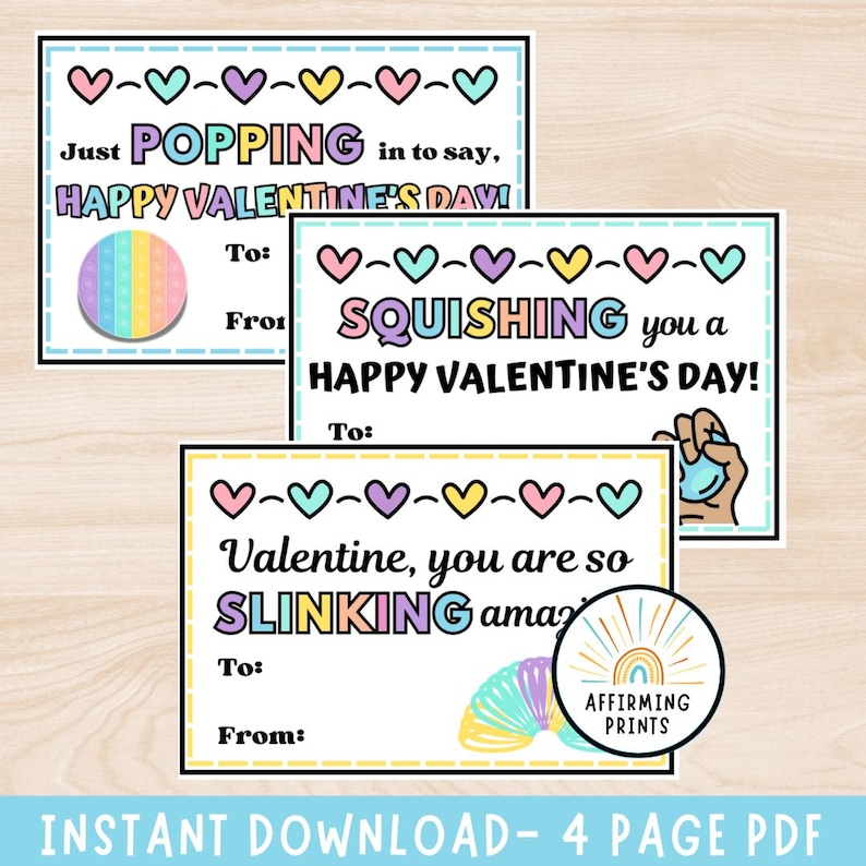 Pop it Valentine's Day Cards, Squishie Valentines, Slinky Valentines Cards, Fidget Valentines