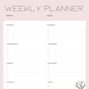 Op de afbeelding: Een weekplanner met een bloemenontwerp. De planner heeft secties voor elke dag van de week, van maandag tot en met zondag, en een sectie voor notities. De planner staat op een roze achtergrond.
