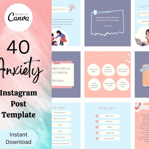 Op de afbeelding: Een roze en blauwe Instagram-posttemplate met de tekst "40 Angst" en "Instagram-posttemplate". De template bevat tips voor het omgaan met angst, waaronder het creëren van een ondersteunende omgeving, jezelf belonen voor successen en het creëren van een motiverende ruimte. De template bevat ook een lijst met veelvoorkomende angsttriggers, zoals persoonlijke zorgen, financiële of sociale gebeurtenissen, conflicten, stress, persoonlijke triggers, openbare evenementen of optredens, gezondheidsproblemen, medicijnen, cafeïne, het overslaan van maaltijden en negatief denken.