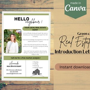Real Estate Letter, Realtor Hello Neighbour Letter, Green Introduction Flyers, Realtor Letter, Real Estate Marketing, Editable in Canva