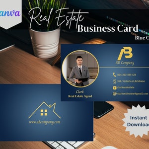 Two-sided Real Estate Business Card Template for Realtor. Realtor Marketing,Editable in Canva in Blue Design Theme