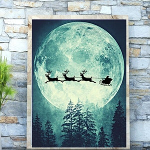 Christmas Santa Sleigh by the Moon, Printable Wall Art