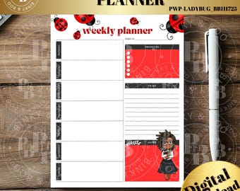 Black Girl Printable Weekly Planner Commercial License (Printed) Included | Lady Bug Themed Black Girl Goodnotes Compatible Weekly Planner |