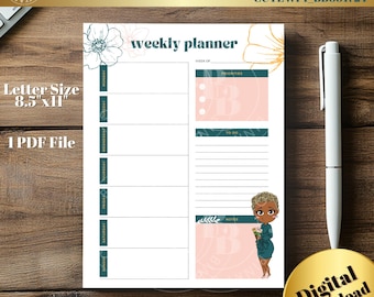 Black Girl Printable Weekly Planner Commercial License (Printed) Included | Black Girl Goodnotes Compatible Weekly Planner |