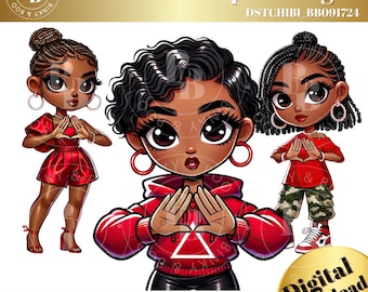 African American Sorority | Delta Themed Chibi Dolls | Versatile Digital Download | 3 PNGs| Sublimation | DSTCHIBI_BB091724