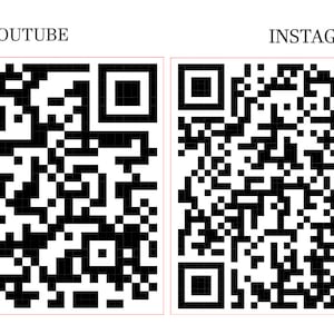 Puede incluir: Dos códigos QR en blanco y negro. El código de la izquierda está etiquetado como "YOUTUBE" y el código de la derecha está etiquetado como "INSTAGRAM".