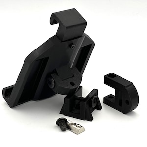 May include: Black plastic phone mount with a swivel arm and a clamp. The mount is disassembled and includes two screws.