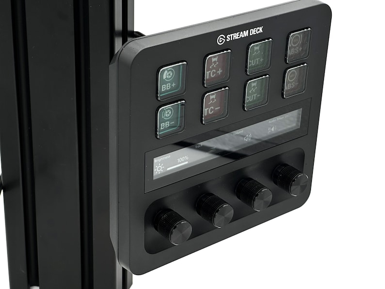 May include: Black Stream Deck with buttons labeled "BB+", "BB-", "TC+", "TC-", "CUT+", "CUT-", "ABS+", "ABS" and four knobs. The screen displays "Brightness 100%".