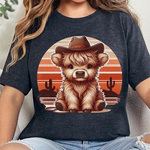 Baby Highland Cow Cowgirl PNG, Cute Western Sublimation, Retro Sunset Highland Calf, Country Boho Sublimation Design