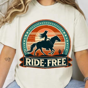 Ride Free Cowgirl PNG – Western Rodeo Horse Riding Graphic – Boho Country Girl Shirt Design Download