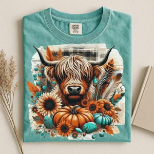 Highland Cow Fall PNG Sublimation Design | Rustic Western Autumn Sunflower & Pumpkin Graphic Tee | Boho Farm Animal Download