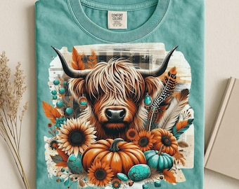 Highland Cow Fall PNG Sublimation Design | Rustic Western Autumn Sunflower & Pumpkin Graphic Tee | Boho Farm Animal Download
