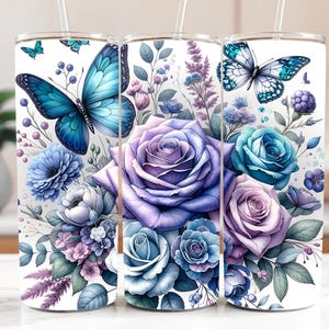 Diseño PNG de envoltura para vaso con mariposa floral, vaso delgado de 20 oz con diseño de sublimación, envoltura para vaso con diseño de naturaleza en acuarela de rosas moradas, regalo para ella.