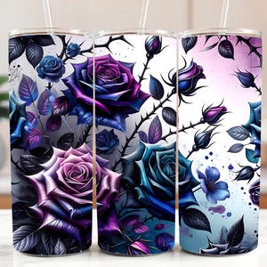 3D Purple Blue Black Roses Floral Tumbler Wrap 20oz Skinny | Dark Floral Sublimation PNG | Gothic Flowers Tumbler Design | Instant Download