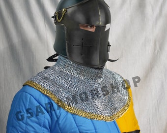 9mm Chainmail Collar, Mild Steel, Brass Trim, Medieval Gorget Halloween gifts