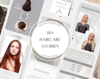 May include: A collage of images promoting hair care services. The images feature different hairstyles, before and after photos, and a reminder to book an appointment. The text "30+ HAIRCARE STORIES" is featured in a gold circle.
