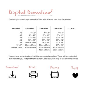 May include: A digital download listing for five high-quality PDF files of printable art in different aspect ratios. The ratios are A1, 4:5, 3:4, 2:3, and 11" x 14". The image shows the different sizes in inches and centimeters.