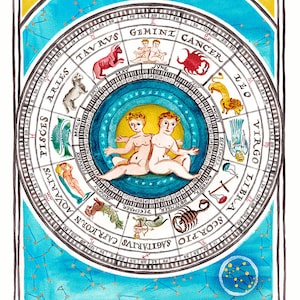 May include: A watercolor illustration of the zodiac wheel with the Gemini constellation highlighted. The wheel features the twelve zodiac signs with their corresponding months and dates. The Gemini sign is depicted as two twins sitting together.