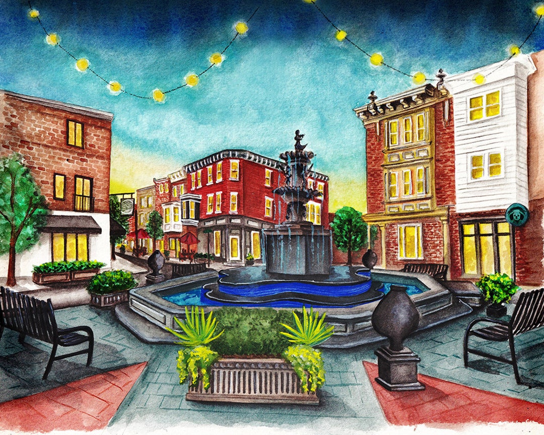 East Passyunk Singing Fountain Art Print of Original Painting Philadelphia Gouache Watercolor
