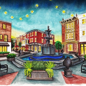 East Passyunk Singing Fountain | Art print of original painting | Philadelphia | gouache watercolor | East Passyunk Square