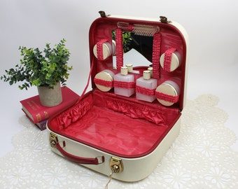 1950's Hardshell Vintage Vanity Case in Cream and Maroon by Maylor of London. With Key.