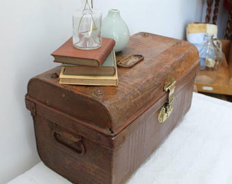 Antique Early 20th Century Metal Travel Trunk – Small Vintage Storage Chest.