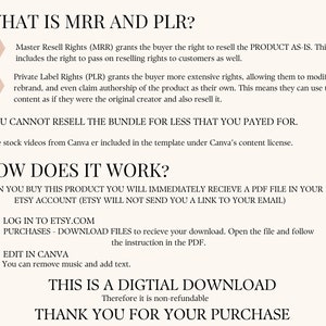 May include: A white background with black text explaining the difference between Master Resell Rights (MRR) and Private Label Rights (PLR). The text explains that MRR allows the buyer to resell the product as-is, while PLR allows the buyer to modify, rebrand, and even claim authorship of the product. The text also states that the buyer cannot resell the bundle for less than they paid for. The text also explains that the buyer will receive a PDF file in their Etsy account and that the product is a digital download. The text also includes the phrase "Thank you for your purchase."