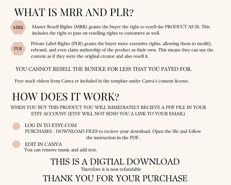 May include: A white background with black text explaining the difference between Master Resell Rights (MRR) and Private Label Rights (PLR). The text explains that MRR allows the buyer to resell the product as-is, while PLR allows the buyer to modify, rebrand, and even claim authorship of the product. The text also states that the buyer cannot resell the bundle for less than they paid for. The text also explains that the buyer will receive a PDF file in their Etsy account and that the product is a digital download. The text also includes the phrase "Thank you for your purchase."