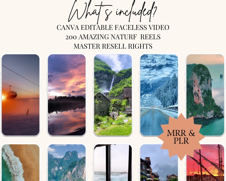 May include: A collage of images showcasing the contents of a digital product package. The text "What's included?" is at the top of the image. The text "CANVA EDITABLE FACELESS VIDEO 200 AMAZING NATURF REELS MASTER RESELL RIGHTS" is below the title. The text "MRR & PLR" is in a starburst shape in the lower right corner of the image.