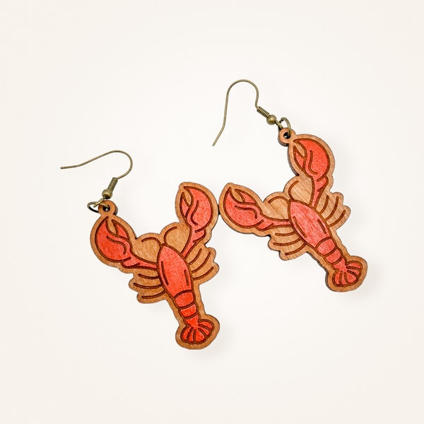 Crawfish earrings. Laser cut wood. Wooden earrings. Fait Main Gifts. Natural jewelry. Painted earrings. Handmade earrings. Unique earrings