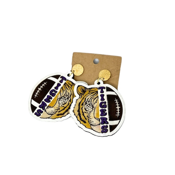 LSU fan gift,Handpainted Cherry Hardwood Laser Cut unique Dangle Earrings. Hypoallergenic artisan jewelry. Handmade gift. Tigers earrings