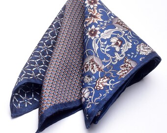 Bleu Foncé 4 Motifs Italien Silk Pocketsquare, Handcrafted Pure 100% Silk Handkerchief, Jacket Pocket Square, Gifts for Men, Groomsmen Gift