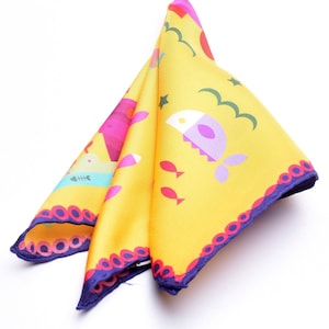 Sea Fish Ship Pattern Silk Pocketsquare, Handcrafted Pure 100% Italian Silk Handkerchief, Jacket Pocket Square, Gifts for Men Groomsmen