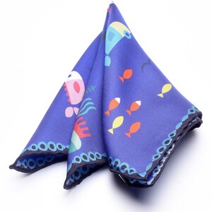 Sea Fish Ship Pattern Silk Pocketsquare, Handcrafted Pure 100% Italian Silk Handkerchief, Jacket Pocket Square, Gifts for Men Groomsmen