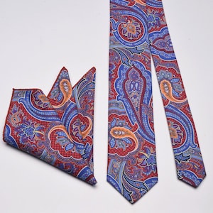 Red Paisley Pattern Cotton Tie Pocket Square Set, Cotton Necktie Pocketsquare, Wedding Handkerchief Tie Set for Men,Gifts for him groomsmen