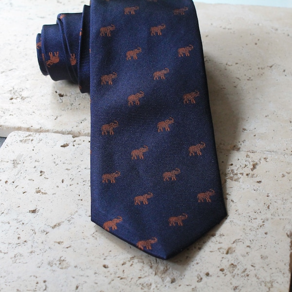 Elephant Pattern Navy Blue Color 100% Pure Silk Tie, Handmade Italian Silk Necktie, Men Gifts for him boyfriend dad, Wedding Tie groomsmen