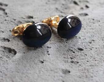 Dark Blue Agate Natural Stone Cufflinks Silver Plated, Agate Gemstone Cuff Link, Gifts For Men Father Husband, Groomsmen Wedding Accessory
