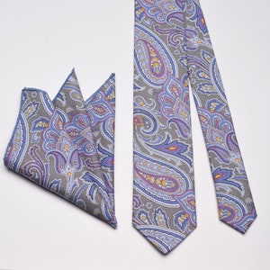 Grey Blue Paisley Pattern Cotton Tie Pocket Square Set, Necktie Pocketsquare Set, Wedding Handkerchief Tie for Men,Gifts for him groomsmen