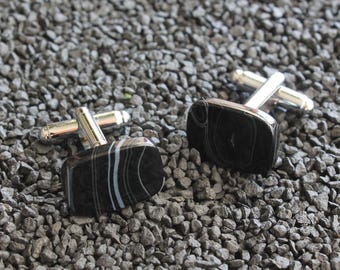 Black Obsidian Natural Stone Cufflinks Silver Plated, Obsidian Gemstone Cuff Link, Gifts For Men Father Husband, Groomsmen Wedding Accessory