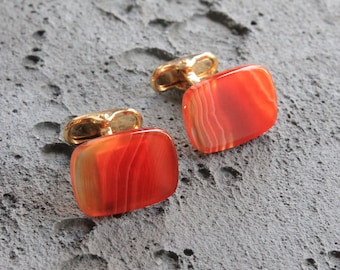 Orange Carnelian Natural Stone Cufflinks Silver Plated, Agate Gemstone Cuff Link, Gifts For Men Father Husband, Groomsmen Wedding Accessory