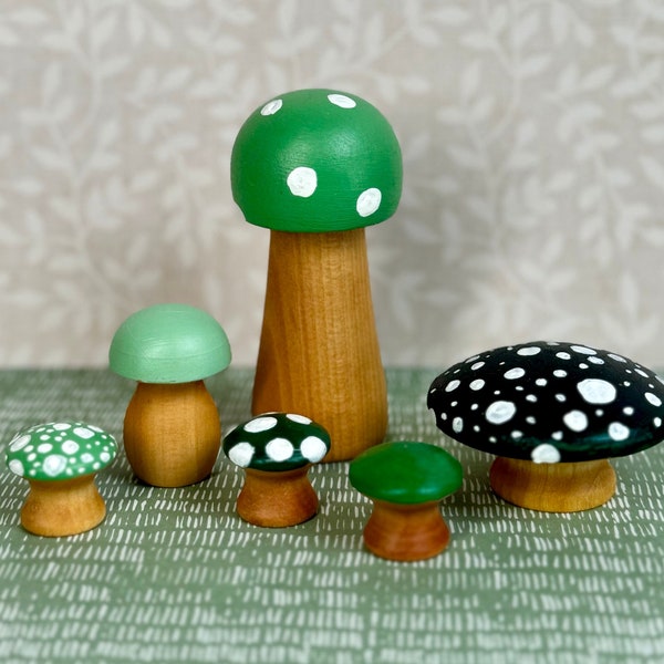 Green wooden mushroom set, sensory play toadstools with white dots, small world play eco friendly toys