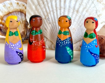 Enchanting Mermaid Peg Doll: Hand Painted, Eco-Friendly, Montessori-Themed Toy in a Variety of Colors