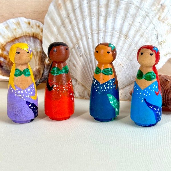 Enchanting Mermaid Peg Doll: Hand Painted, Eco-Friendly, Montessori-Themed Toy in a Variety of Colors