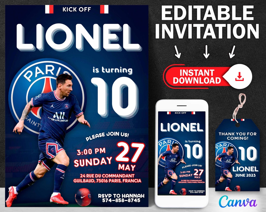 Messi Birthday Invitation Messi Invite Psg Soccer Theme Etsy