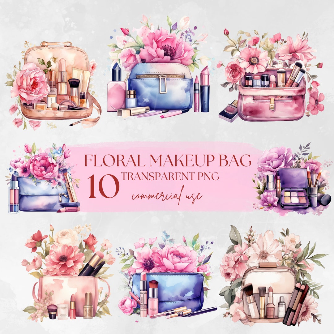 Floral Makeup Bag Png Watercolor Clipart Bundle, Set of 10 HQ Makeup