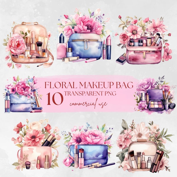 Floral makeup bag png Watercolor Clipart Bundle, Set of 10 HQ Makeup Bag Clipart PNG Commercial use, Floral Purse Png, Digital Journals