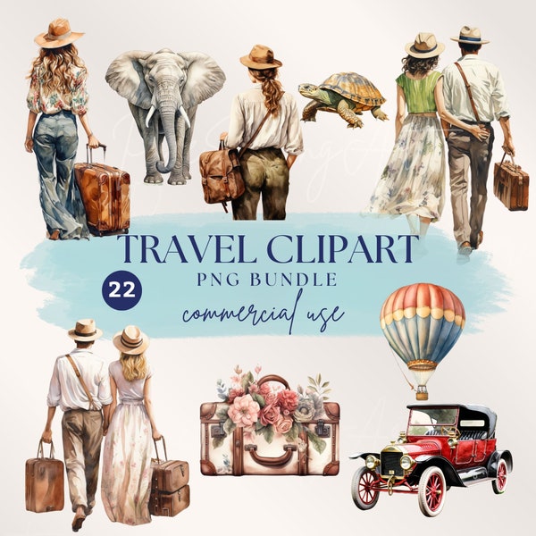 Watercolor Travel Clipart Bundle, Set of 20 HQ Planner clipart, Vintage Travel PNG Commercial use, Scrapbooking, Digital Journals