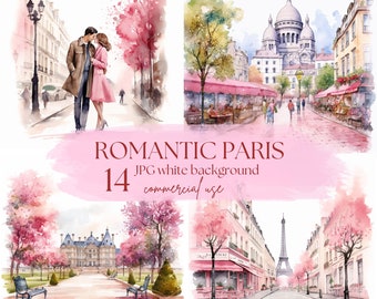 Watercolor Paris Romantic Clipart Bundle, 14 HQ Pink Paris ClipArt JPG Commercial use, Scrapbooking, Digital Journals, Instant Download