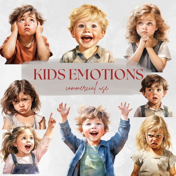 Kids Emotions Watercolor Clipart Bundle, Set of 15 HQ Children's face expressions PNG Commercial use, Instant Download