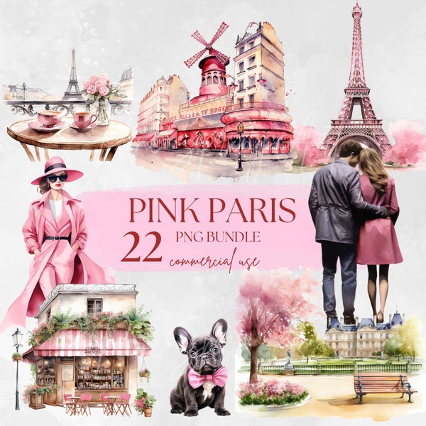 Aquarelle Pink Paris Clipart Bundle, Ensemble de 22 HQ Pink Paris ClipArt PNG Utilisation commerciale, Scrapbooking, Journaux numériques, Téléchargement instantané